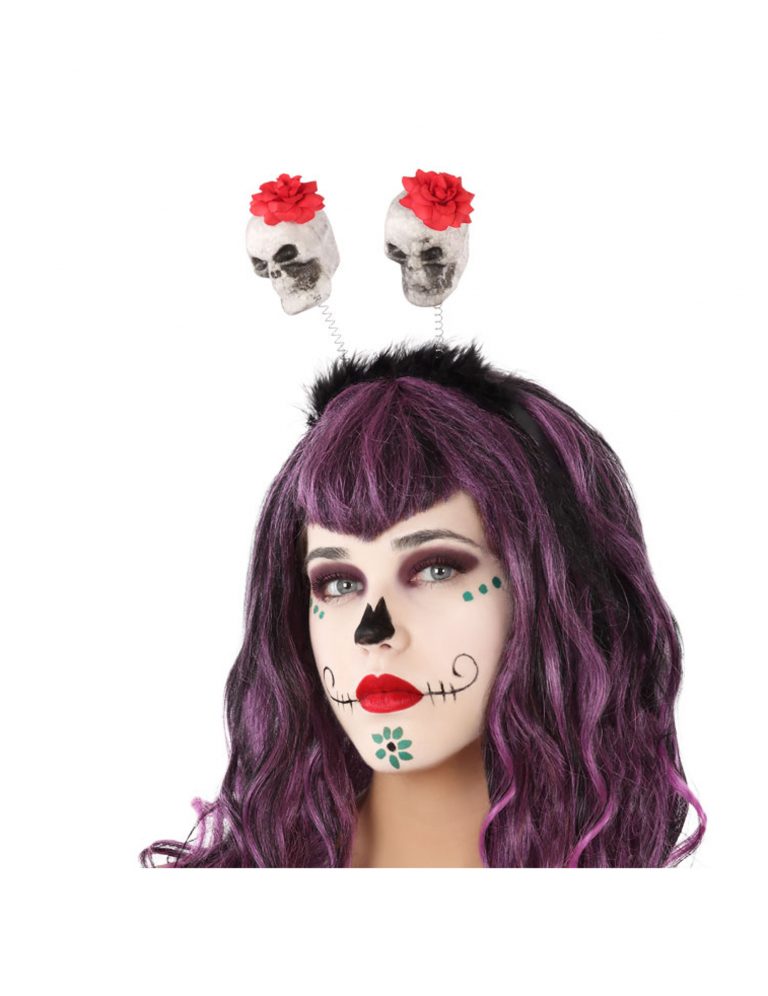 Serre-tête Dia De Los Muertos Avec Fleurs - Tatouages Temporaires Visage Inclus - Déguisement Halloween, Fête Mexicaine